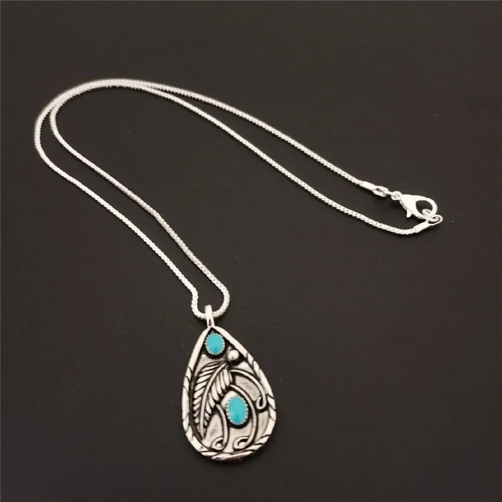 Western Necklace Turquoise Feather Charm Pendant Silver Tone NWOT